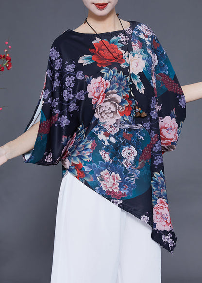 Navy Print Silk Blouse Top Asymmetrical Batwing Sleeve Ly1854