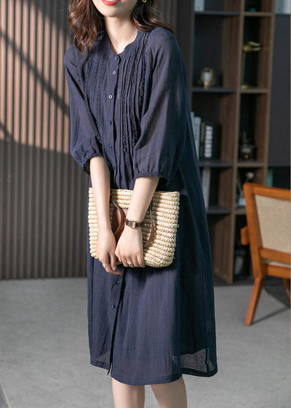 Navy Wrinkled Linen Long Dresses Long Sleeve Ly1746