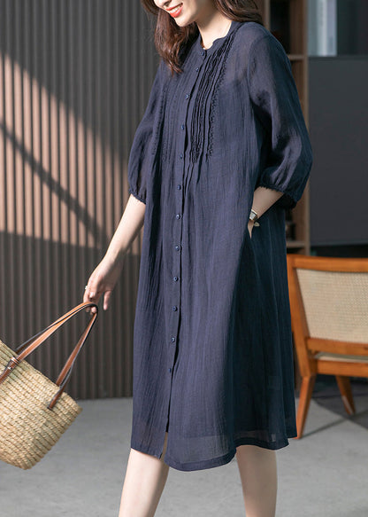 Navy Wrinkled Linen Long Dresses Long Sleeve Ly1746