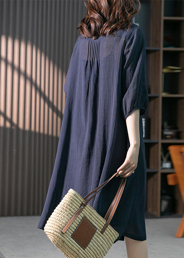 Navy Wrinkled Linen Long Dresses Long Sleeve Ly1746