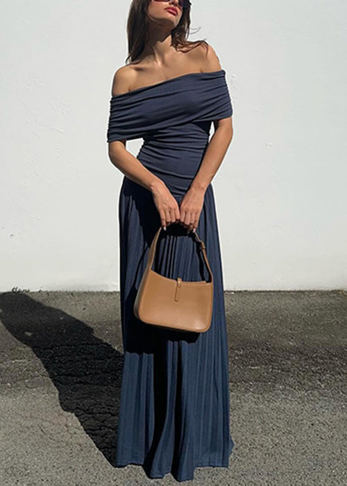 Navy Wrinkled Long Dresses Slash Neck Summer Yz071