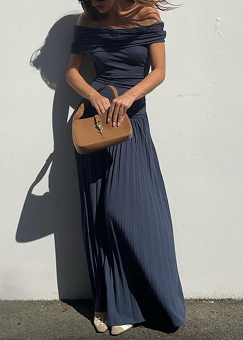 Navy Wrinkled Long Dresses Slash Neck Summer Yz071