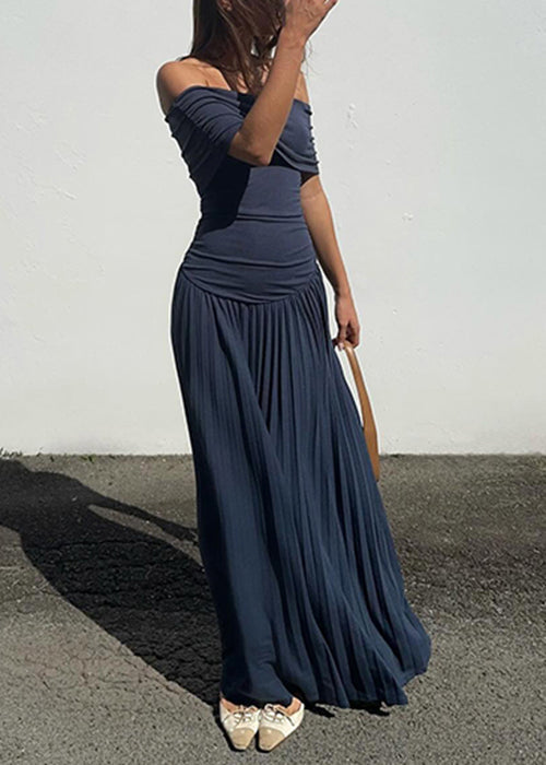Navy Wrinkled Long Dresses Slash Neck Summer Yz071