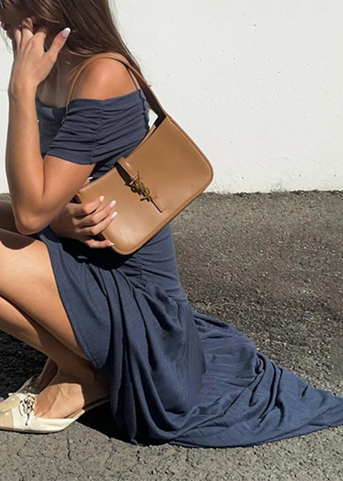 Navy Wrinkled Long Dresses Slash Neck Summer Yz071