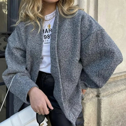 New Pockets Grey Front Zipper Cropped Lapel Coat