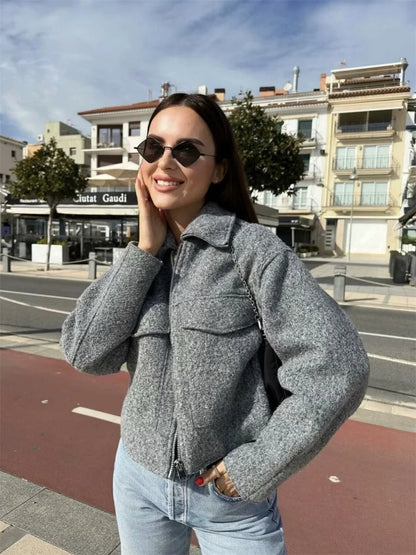 New Pockets Grey Front Zipper Cropped Lapel Coat