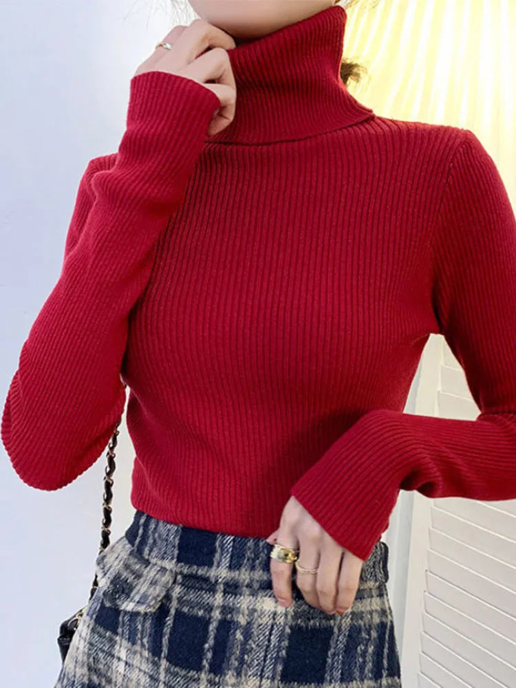 New Pullover Turtleneck Sweater Autumn Long Sleeve Slim Elastic Korean Simple Basic Jumper Color Top