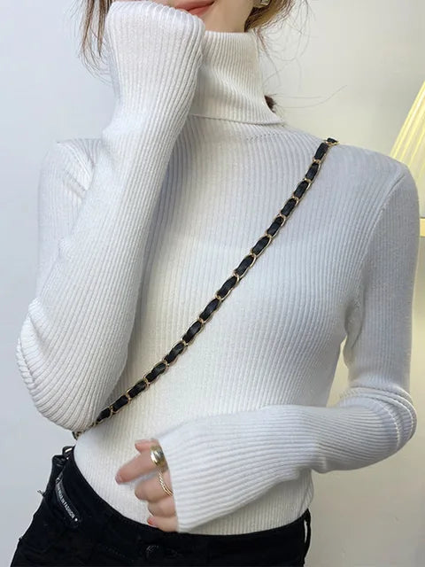 New Pullover Turtleneck Sweater Autumn Long Sleeve Slim Elastic Korean Simple Basic Jumper Color Top