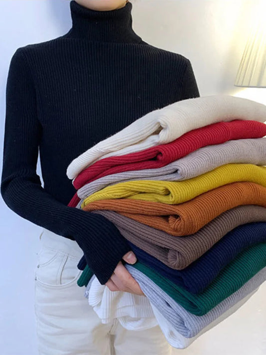 New Pullover Turtleneck Sweater Autumn Long Sleeve Slim Elastic Korean Simple Basic Jumper Color Top