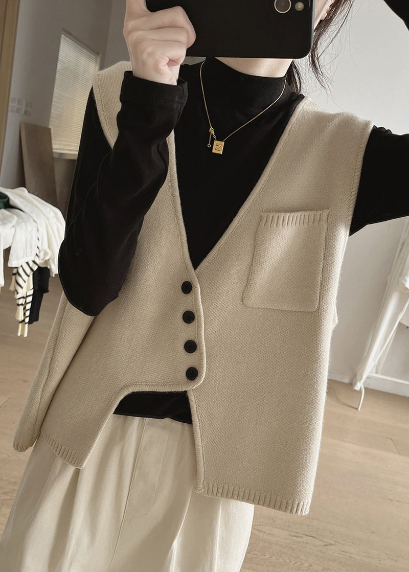 New Apricot Asymmetrical Button Patchwork Cotton Knit Waistcoat Sleeveless Tu037