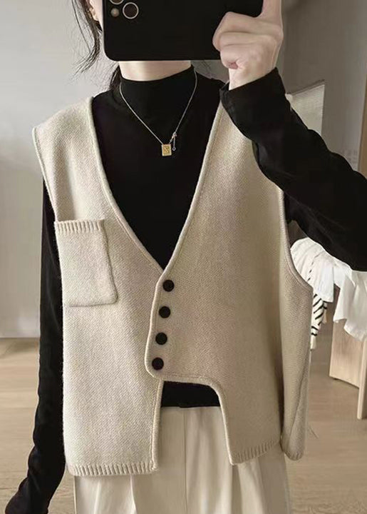New Apricot Asymmetrical Button Patchwork Cotton Knit Waistcoat Sleeveless Tu037