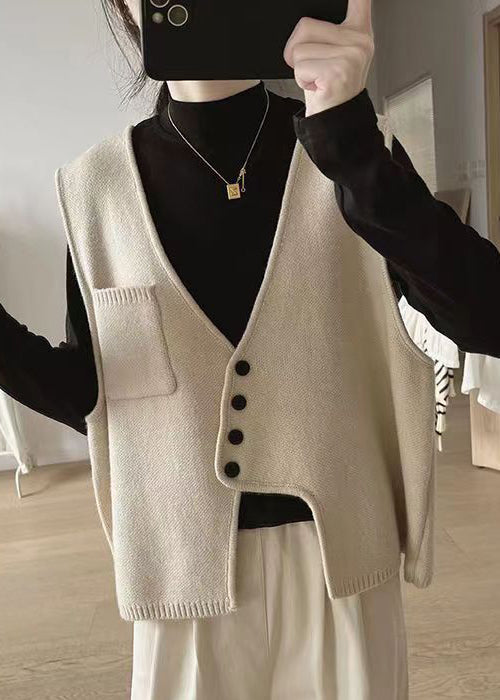 New Apricot Asymmetrical Button Patchwork Cotton Knit Waistcoat Sleeveless Tu037