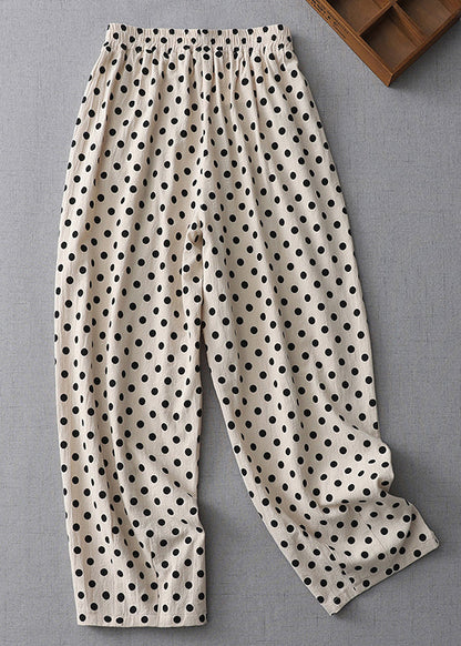 New Apricot Dot Pockets Elastic Waist Cotton Crop Pants Summer Gg059