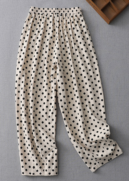New Apricot Dot Pockets Elastic Waist Cotton Crop Pants Summer Gg059