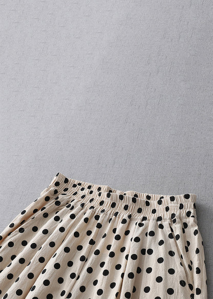 New Apricot Dot Pockets Elastic Waist Cotton Crop Pants Summer Gg059