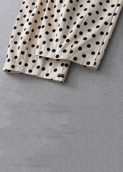 New Apricot Dot Pockets Elastic Waist Cotton Crop Pants Summer Gg059