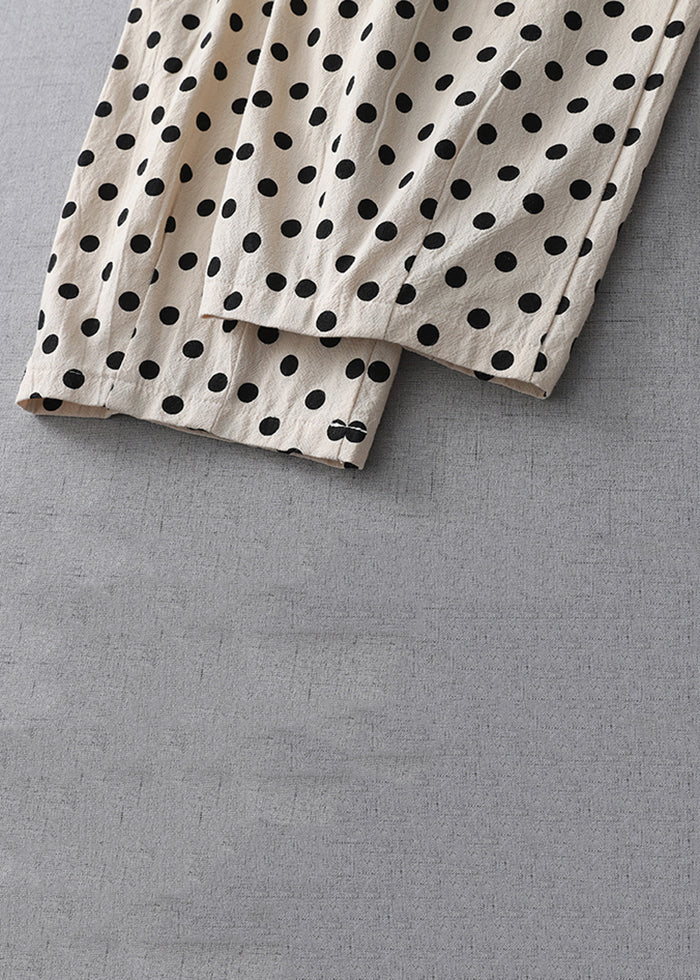 New Apricot Dot Pockets Elastic Waist Cotton Crop Pants Summer Gg059