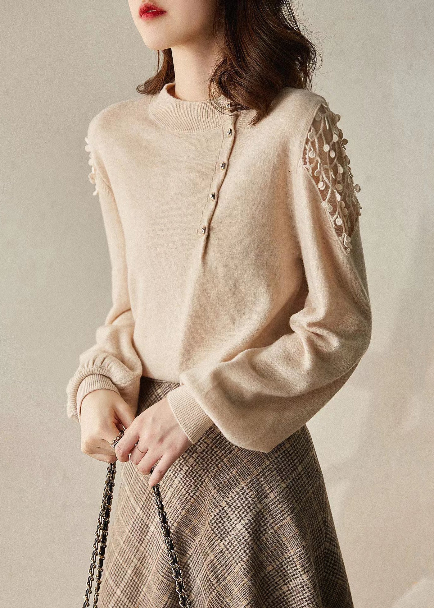 New Apricot O Neck Hollow Out Knit Sweaters Winter Wx014