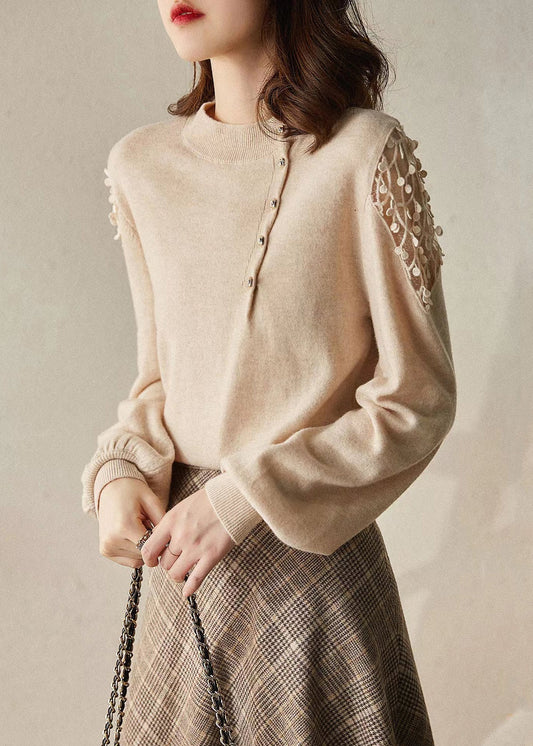 New Apricot O Neck Hollow Out Knit Sweaters Winter Wx014