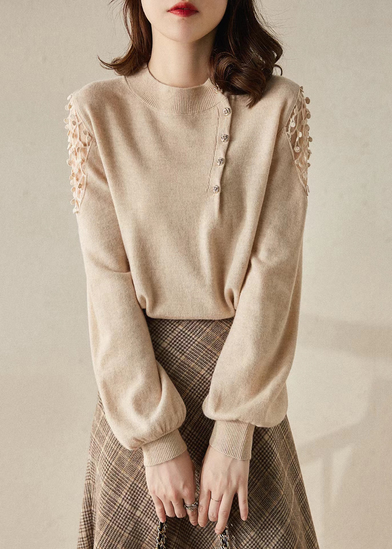 New Apricot O Neck Hollow Out Knit Sweaters Winter Wx014