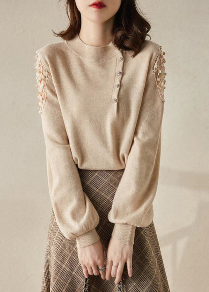 New Apricot O Neck Hollow Out Knit Sweaters Winter Wx014