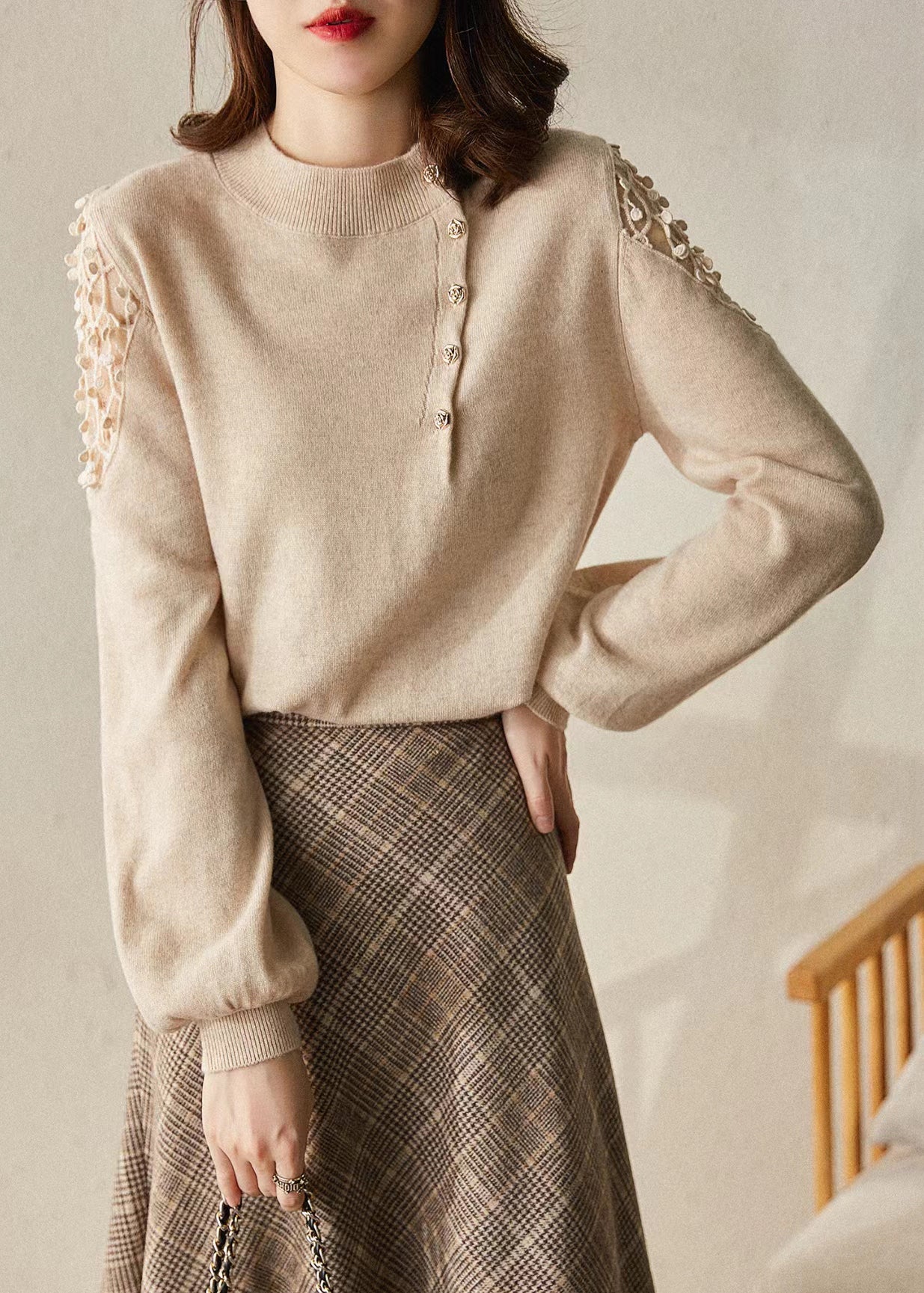 New Apricot O Neck Hollow Out Knit Sweaters Winter Wx014
