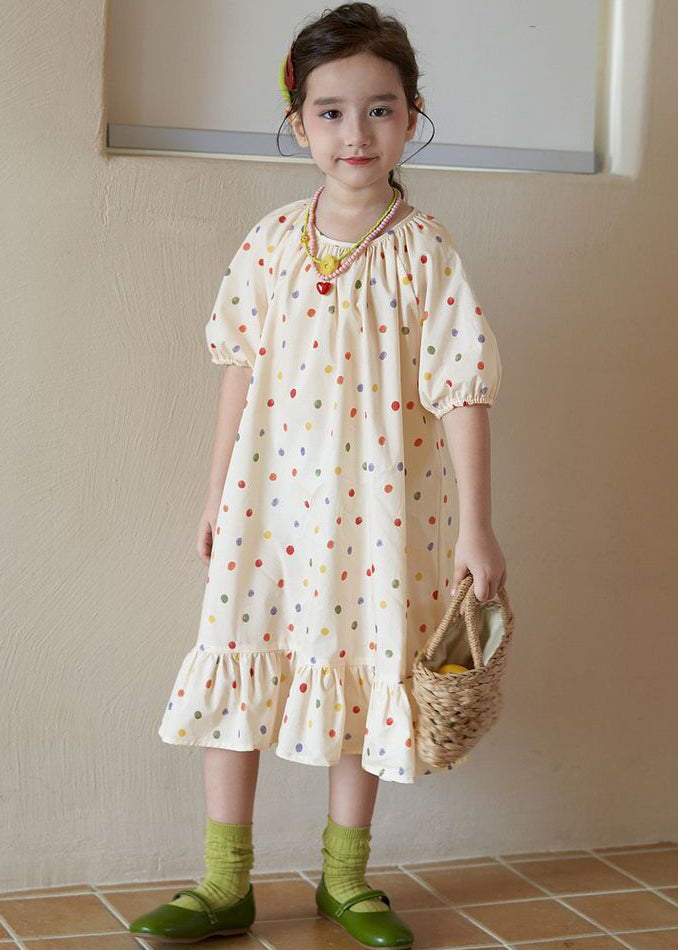 New Apricot O Neck Print Cotton Long Dresses Summer Ew040