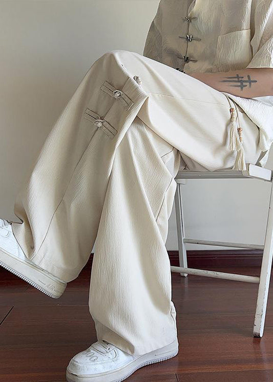 New Apricot Pockets Chinese Button Ice Silk Pants Summer Yt042