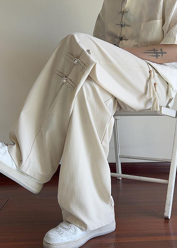 New Apricot Pockets Chinese Button Ice Silk Pants Summer Yt042