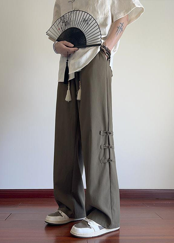 New Apricot Pockets Chinese Button Ice Silk Pants Summer Yt042