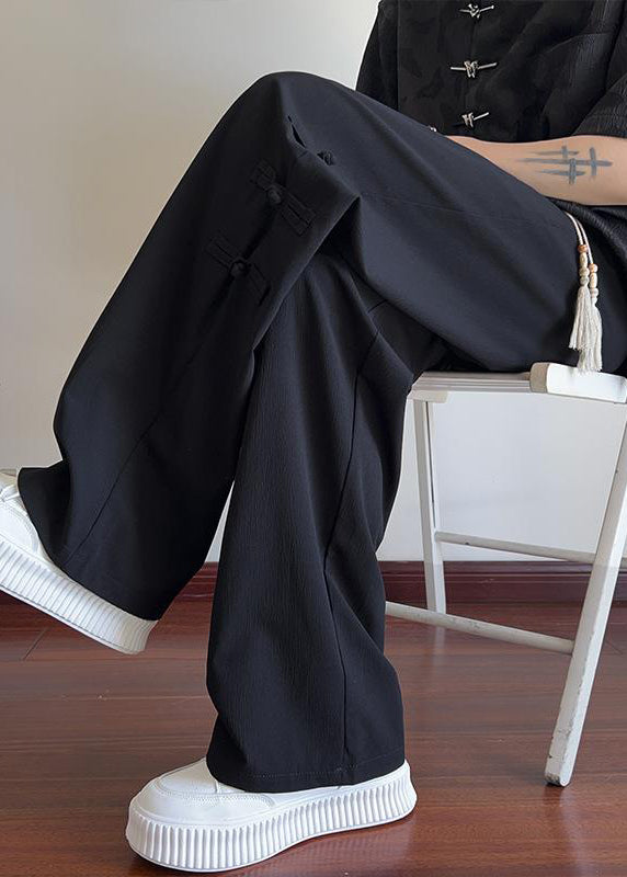 New Apricot Pockets Chinese Button Ice Silk Pants Summer Yt042