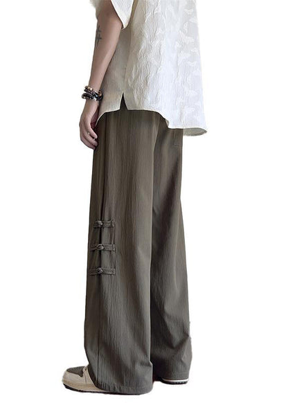 New Apricot Pockets Chinese Button Ice Silk Pants Summer Yt042