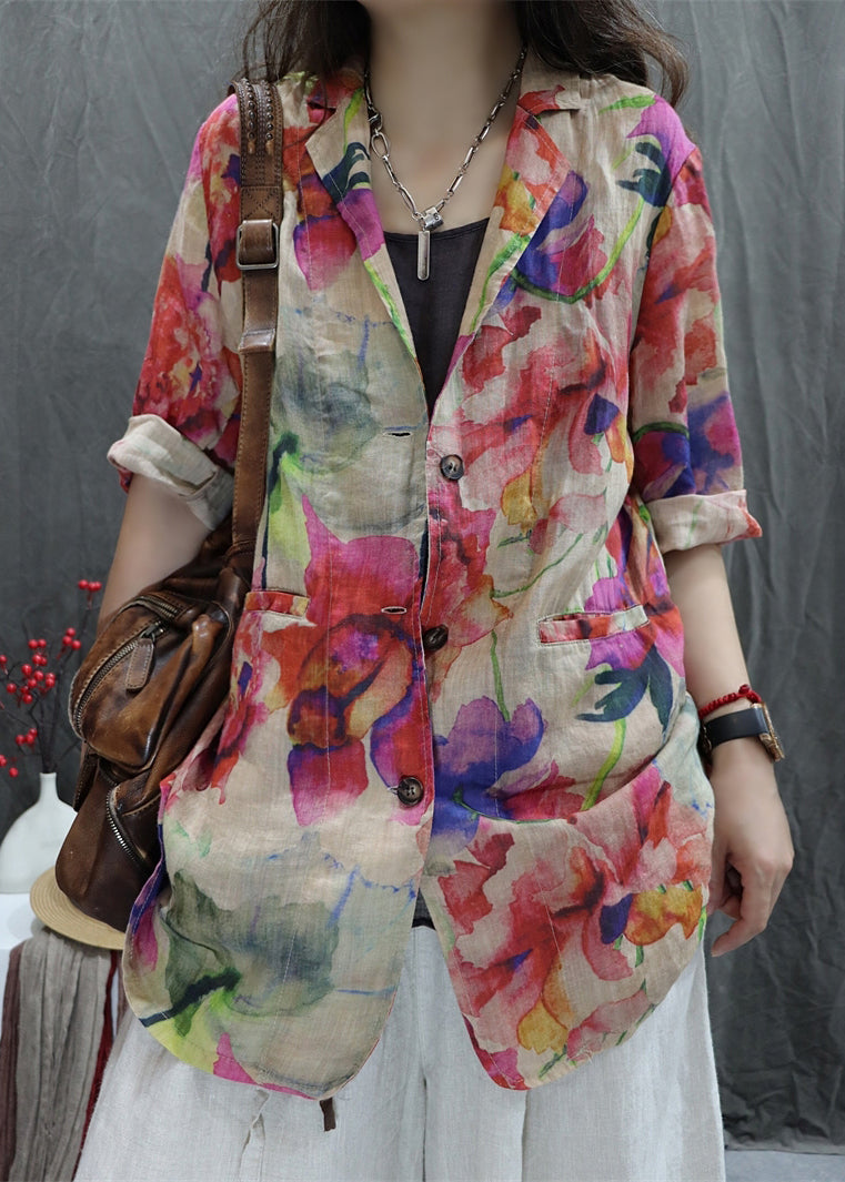 New Coats Sleeve Cotton Open Bracelet Back Pockets Apricot Print
