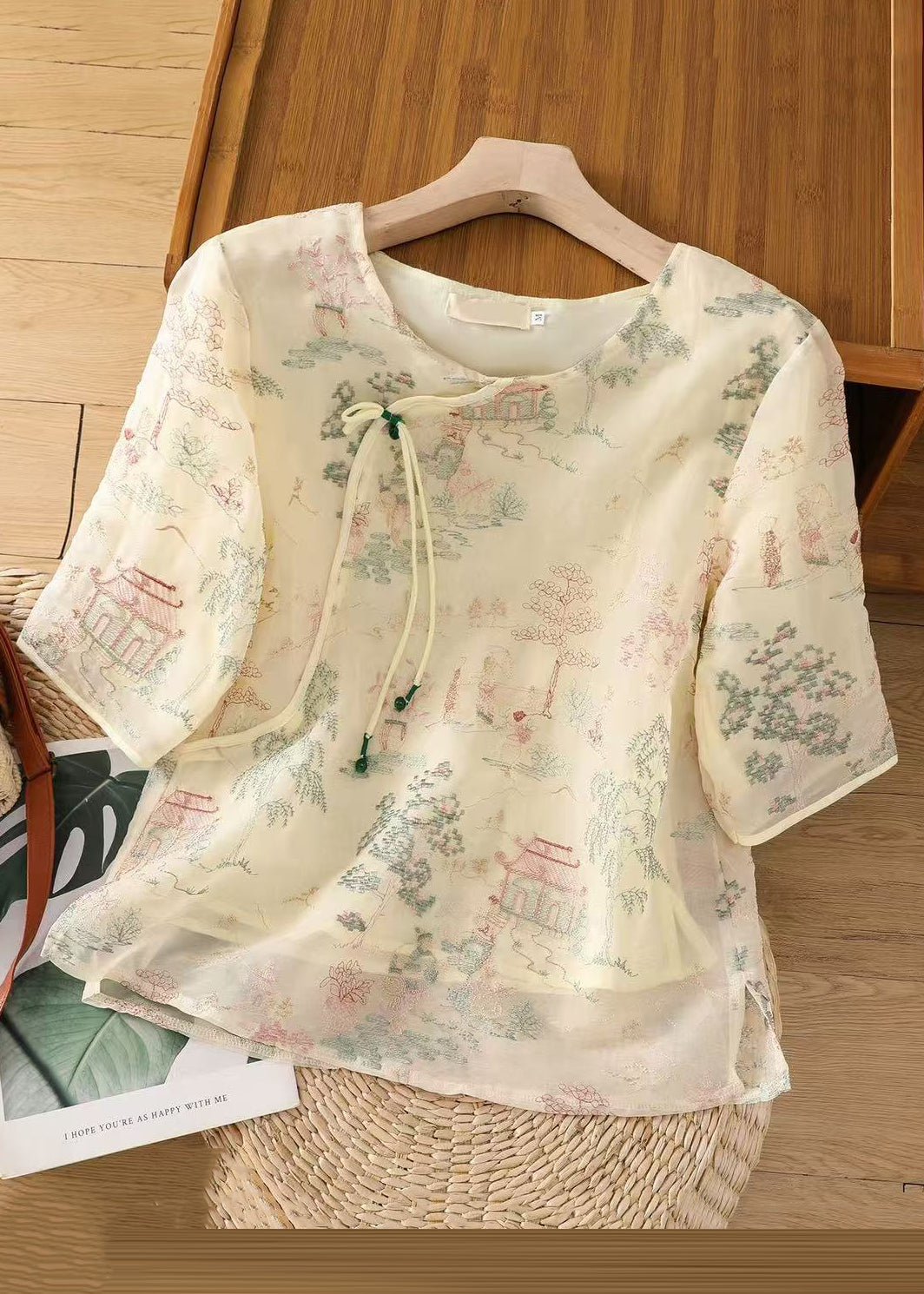 Apricot Tulle Sleeve Half Blouses Open Print New Side