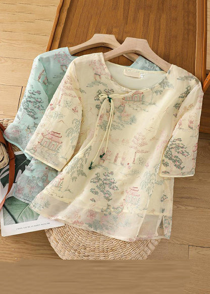 Apricot Tulle Sleeve Half Blouses Open Print New Side