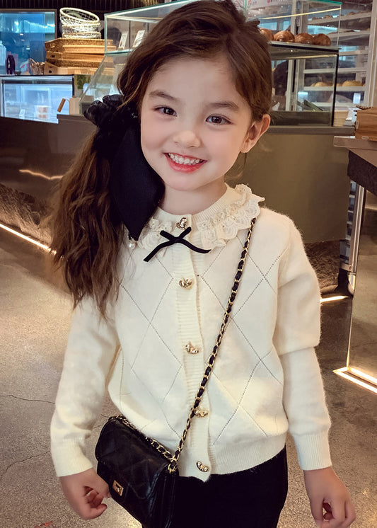 New Apricot Ruffled Patchwork Bow Cotton Knit Kids Cardigans Winter Wl051