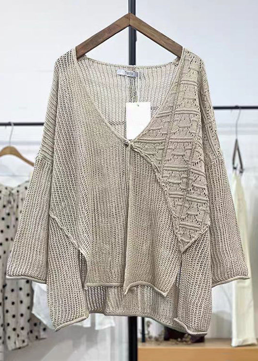 New Apricot V Neck Hollow Out Knit Cardigans Long Sleeve Vv071
