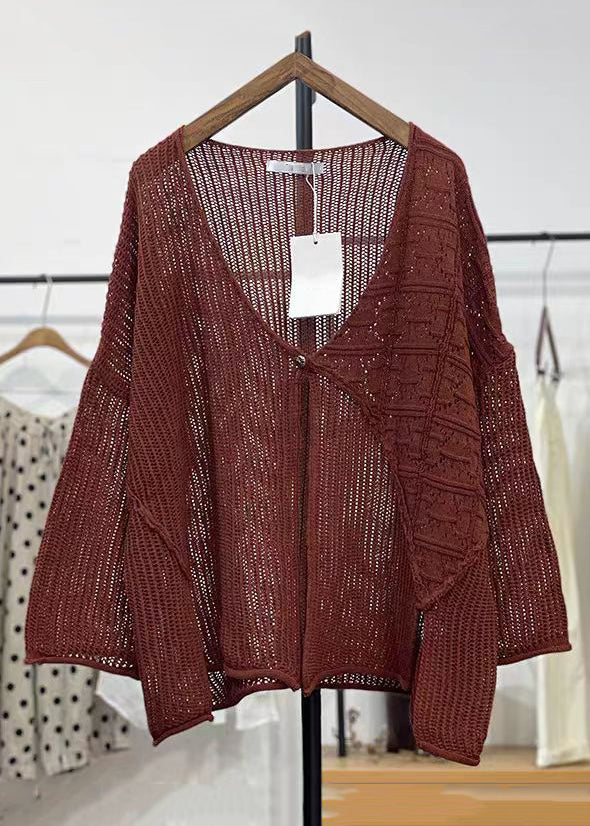 New Apricot V Neck Hollow Out Knit Cardigans Long Sleeve Vv071