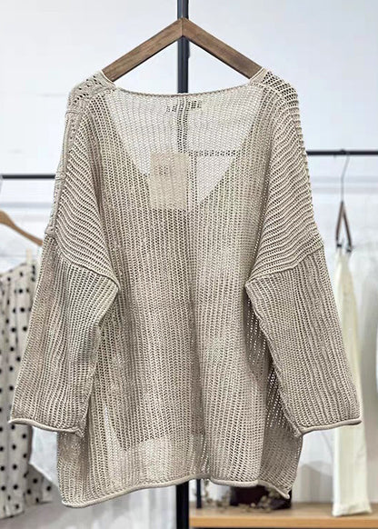 New Apricot V Neck Hollow Out Knit Cardigans Long Sleeve Vv071