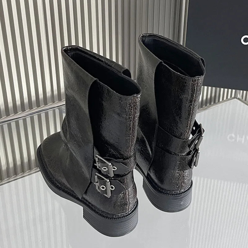 New Square Toe Buckled Slip on Modern Winter Ankle Boot