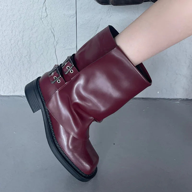 New Square Toe Buckled Slip on Modern Winter Ankle Boot