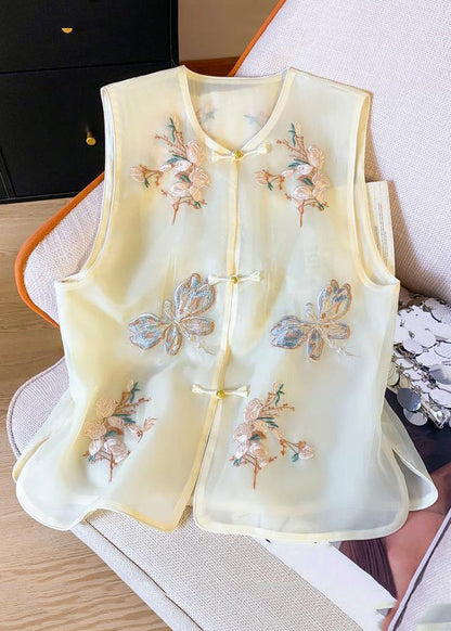 New Beige Embroidered Button Tulle Waistcoat Sleeveless Gg043