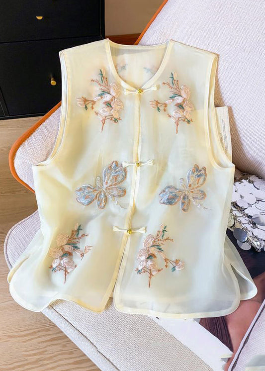 New Beige Embroidered Button Tulle Waistcoat Sleeveless Gg043