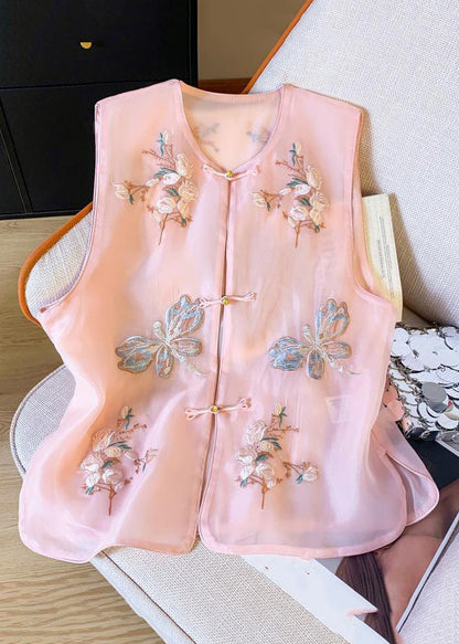 New Beige Embroidered Button Tulle Waistcoat Sleeveless Gg043