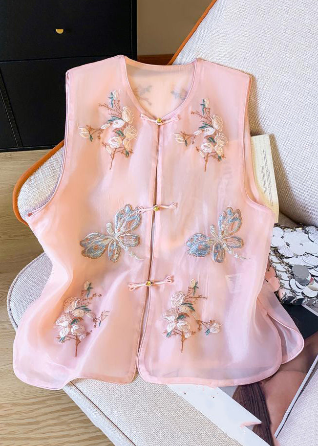 New Beige Embroidered Button Tulle Waistcoat Sleeveless Gg043