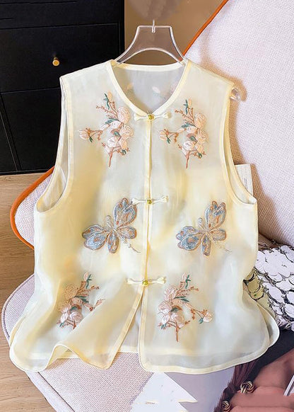 New Beige Embroidered Button Tulle Waistcoat Sleeveless Gg043