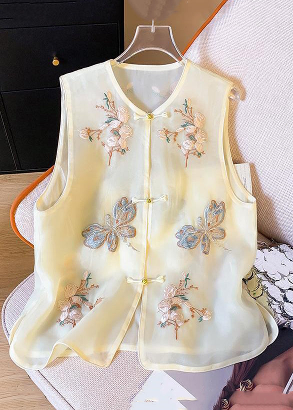 New Beige Embroidered Button Tulle Waistcoat Sleeveless Gg043