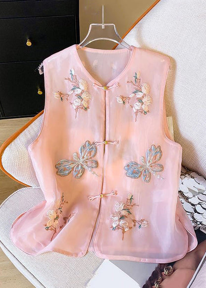 New Beige Embroidered Button Tulle Waistcoat Sleeveless Gg043