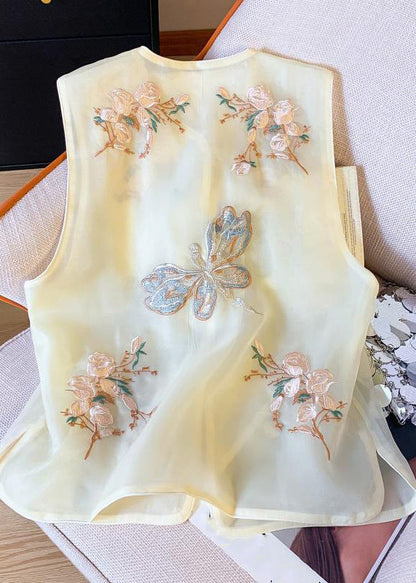 New Beige Embroidered Button Tulle Waistcoat Sleeveless Gg043