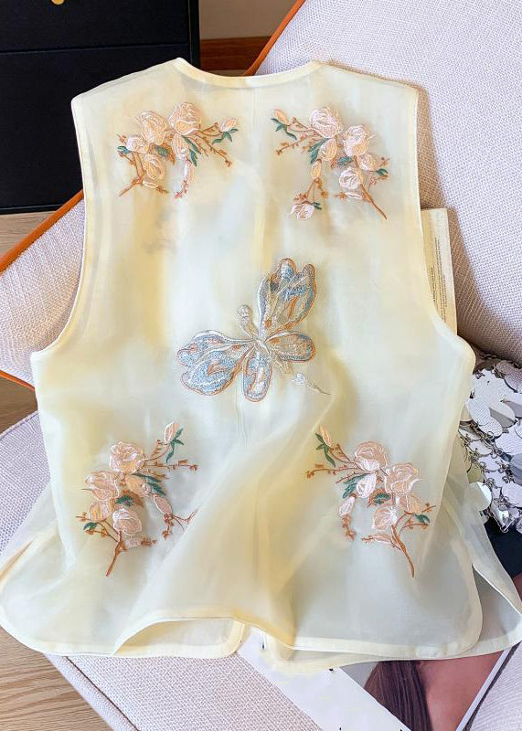 New Beige Embroidered Button Tulle Waistcoat Sleeveless Gg043